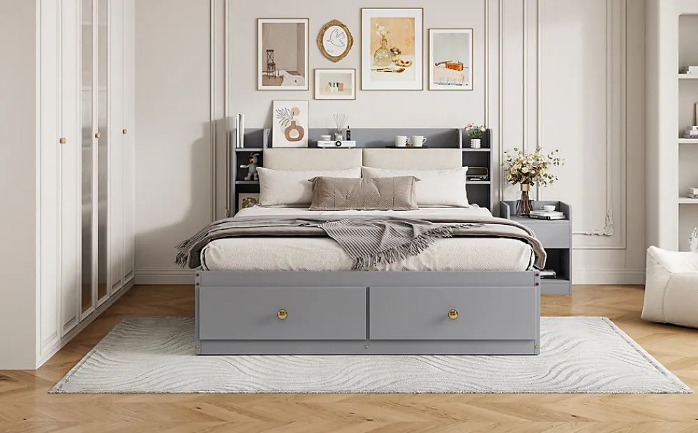 Lit combiné 140x200 cm en bois massif avec tête de lit rangement tiroirs table de chevet armoire et banquette gris>Redom
