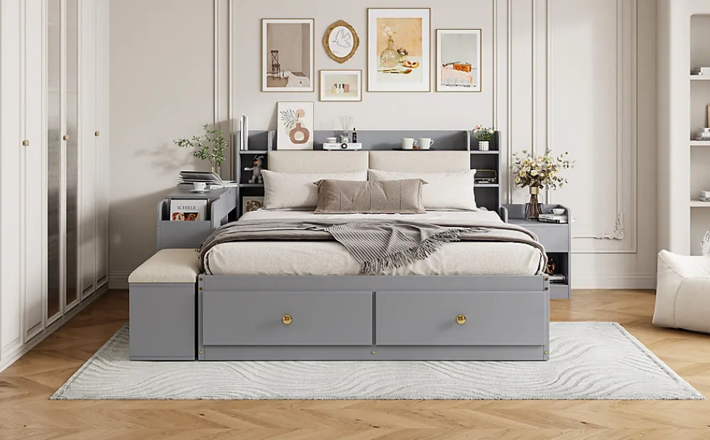 Lit combiné 140x200 cm en bois massif avec tête de lit rangement tiroirs table de chevet armoire et banquette gris>Redom