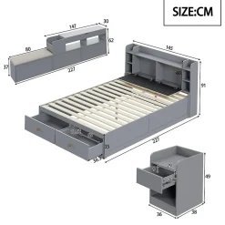 Lit combiné 140x200 cm en bois massif avec tête de lit rangement tiroirs table de chevet armoire et banquette gris><noscript><img width=
