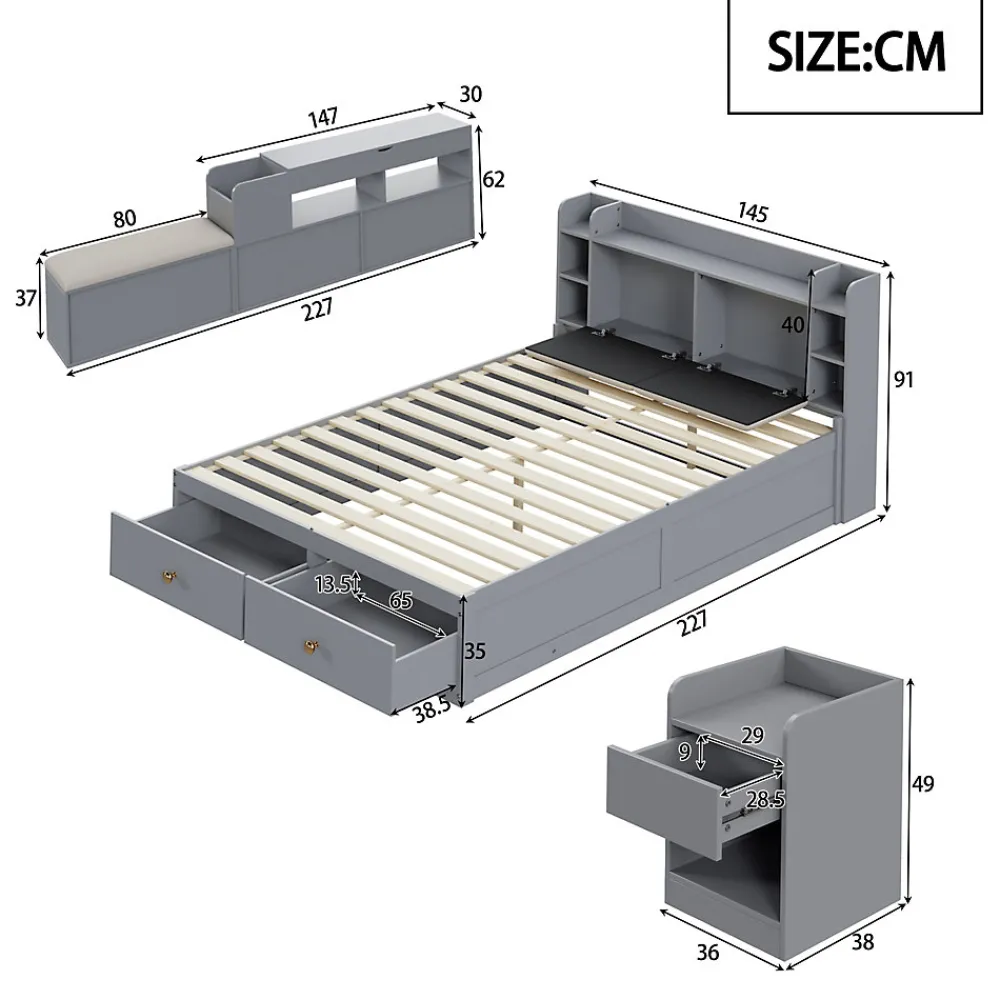 Lit combiné 140x200 cm en bois massif avec tête de lit rangement tiroirs table de chevet armoire et banquette gris>Redom