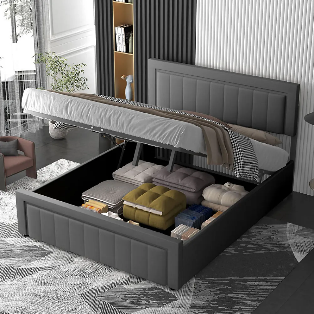 Concept Usine Lit contemporain avec coffre de rangement 140x190cm en velours gris - NASHVILLE* Lit Coffre