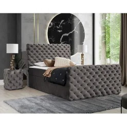 Mobilier1 Lit continental Baltimore 186, Double, Gris, Tissu, Disponible* Ensemble Sommier Et Matelas