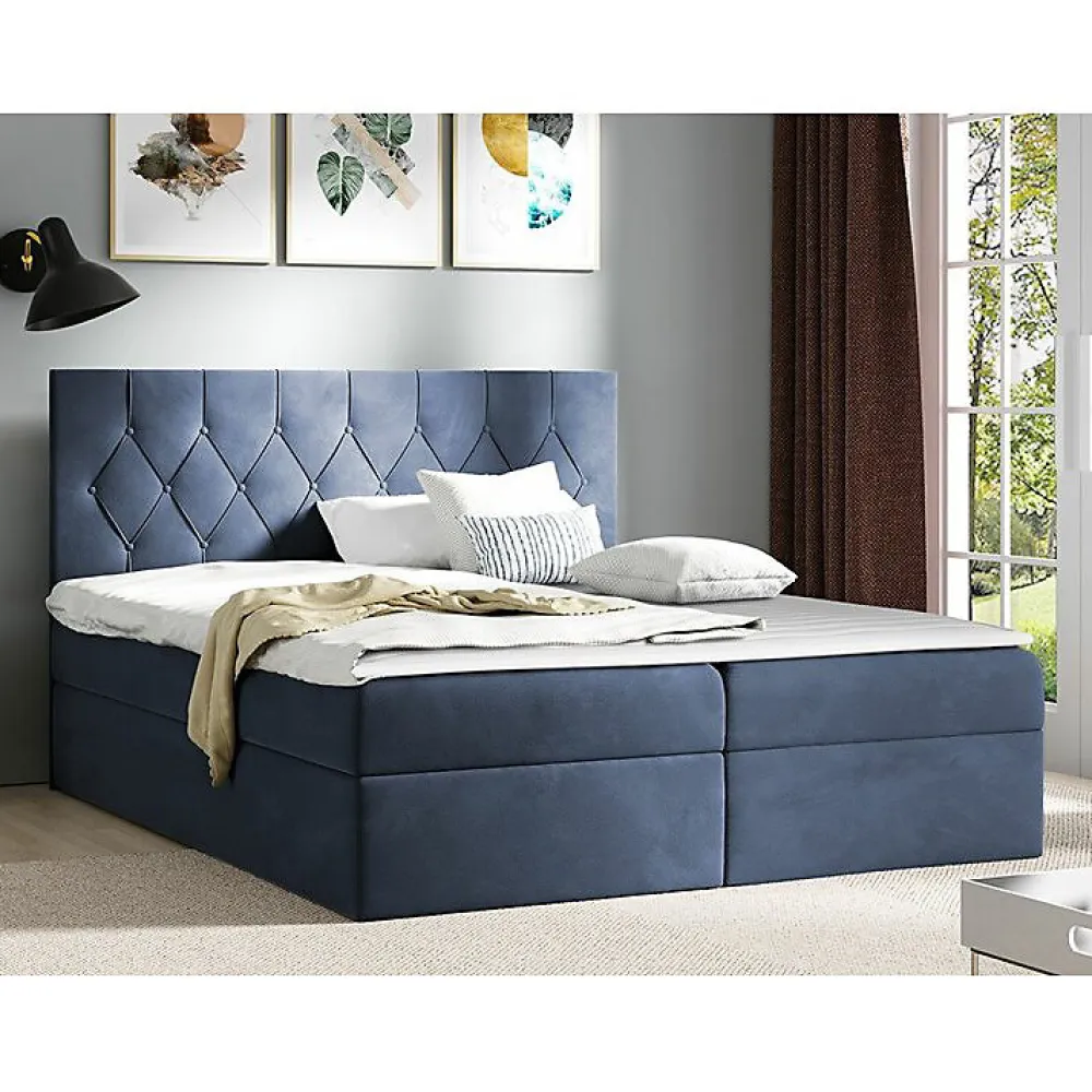 Mobilier1 Lit continental Baltimore 159, Double, Bleu, Tissu, Disponible* Ensemble Sommier Et Matelas