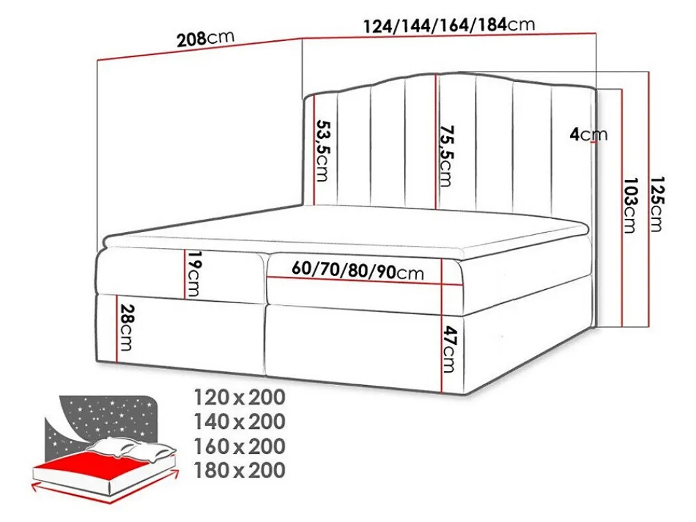 Lit continental Baltimore 153, Double, Noir, Tissu, Disponible>Mobilier1 Hot