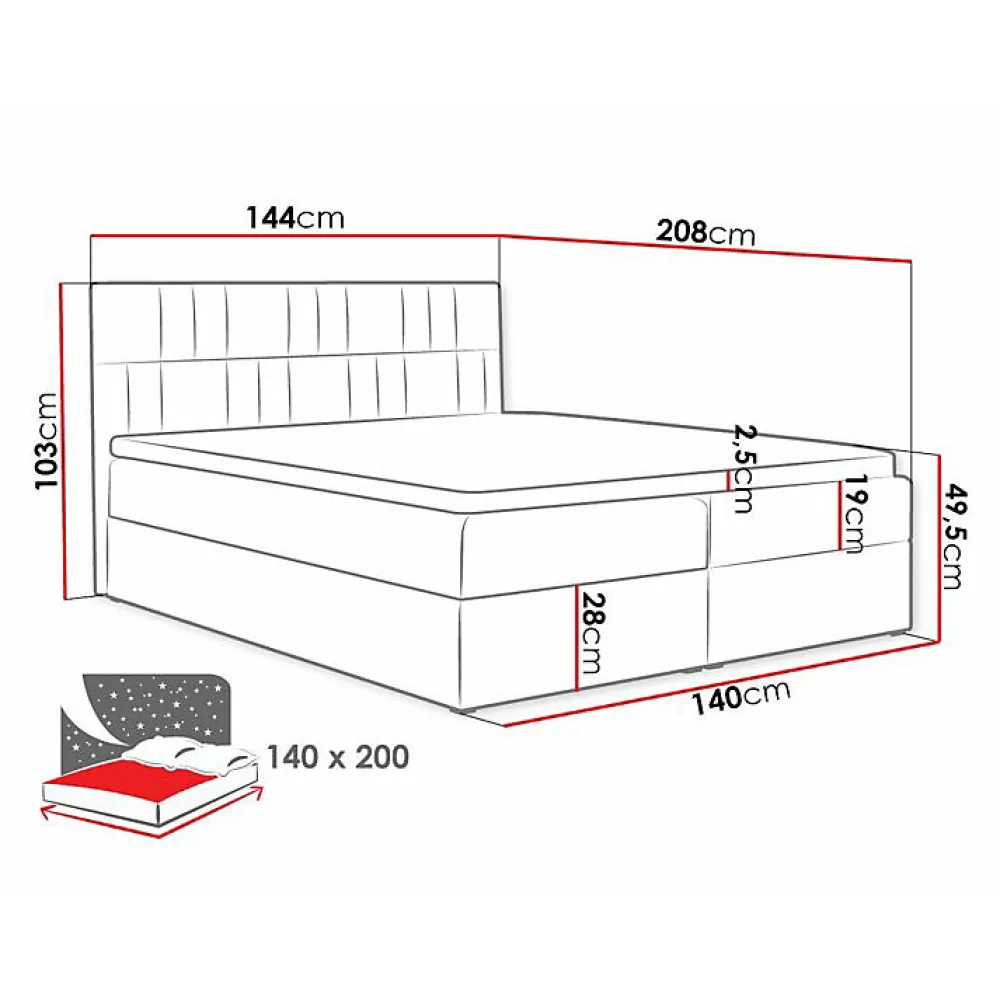 Lit continental Baltimore 143, Double, Rouge, Tissu, Disponible>Mobilier1 New