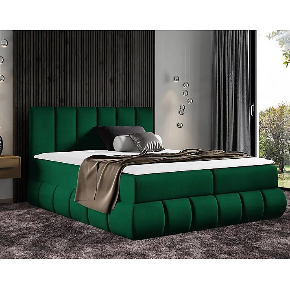 Mobilier1 Lit continental Baltimore 152, Double, Vert, Tissu, Disponible* Ensemble Sommier Et Matelas