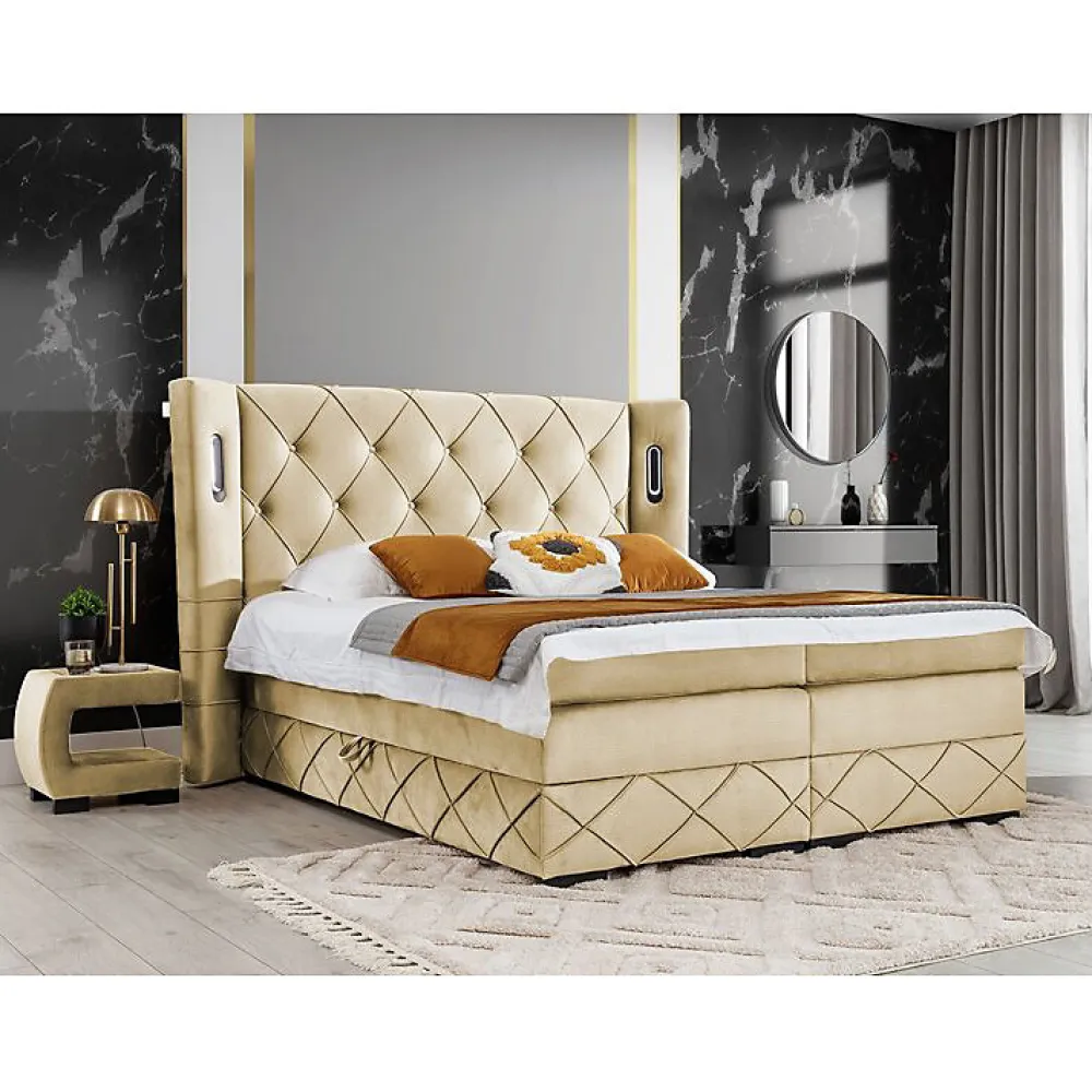 Lit continental Baltimore 187, Double, Brun clair, Tissu, Disponible>Mobilier1 Hot