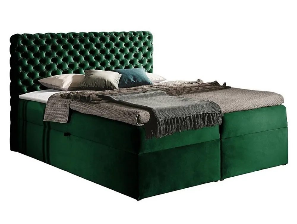 Mobilier1 Lit continental Baltimore 148, Double, Vert, Tissu, Disponible* Ensemble Sommier Et Matelas