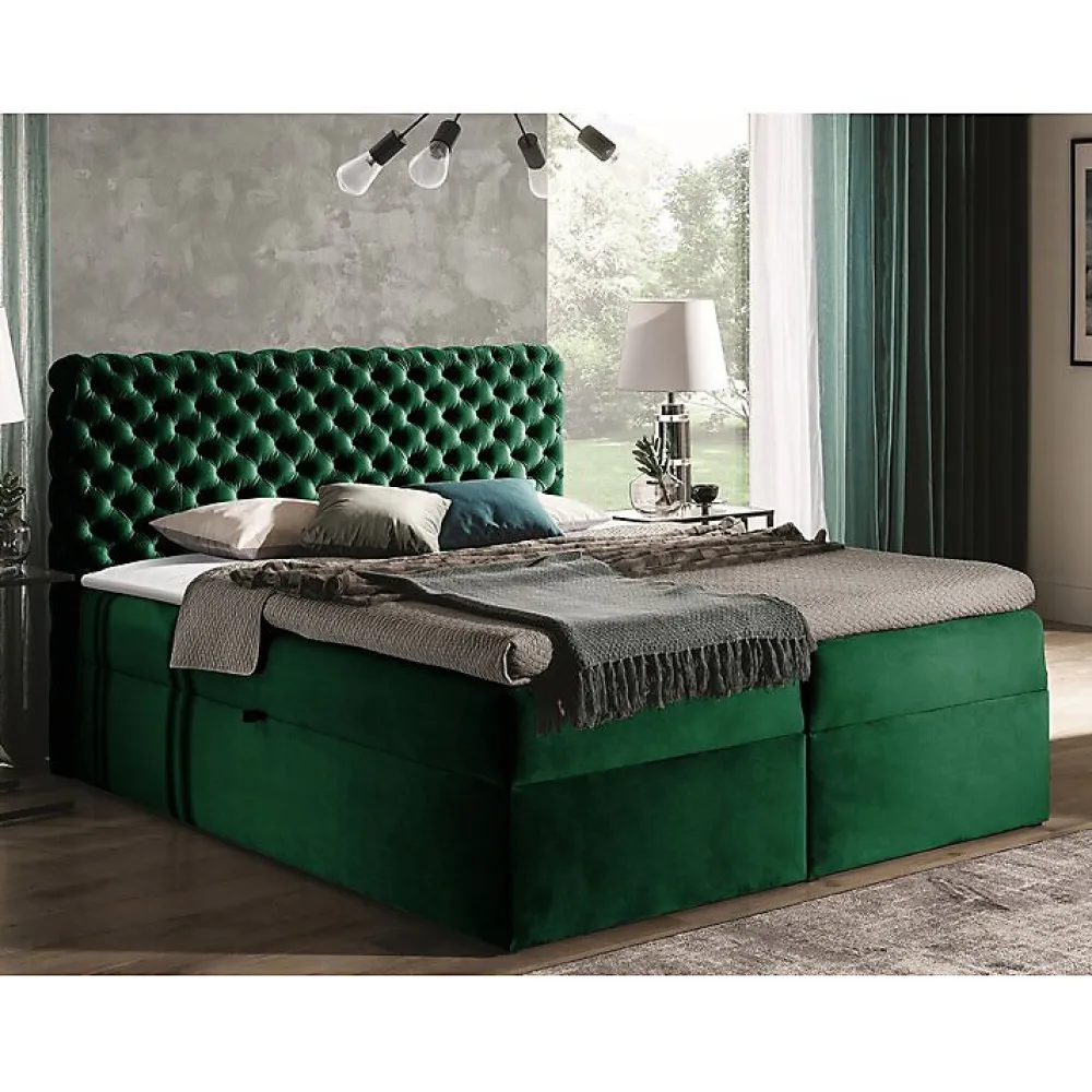 Mobilier1 Lit continental Baltimore 148, Double, Vert, Tissu, Disponible* Ensemble Sommier Et Matelas