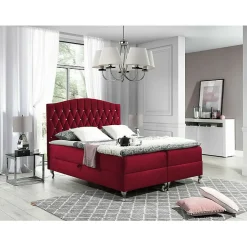 Mobilier1 Lit continental Baltimore 142, Double, Rouge, Tissu, Disponible* Ensemble Sommier Et Matelas
