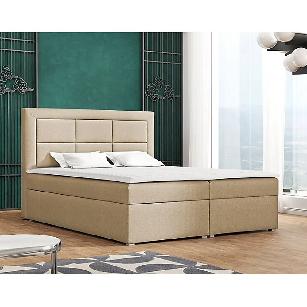 Mobilier1 Lit continental Pomona 114, Double, Brun clair, Tissu, Disponible* Ensemble Sommier Et Matelas