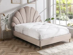 Lit coquillage 140 x 190 cm - Velours - Beige + Matelas - LIVAYA>Vente-unique Discount