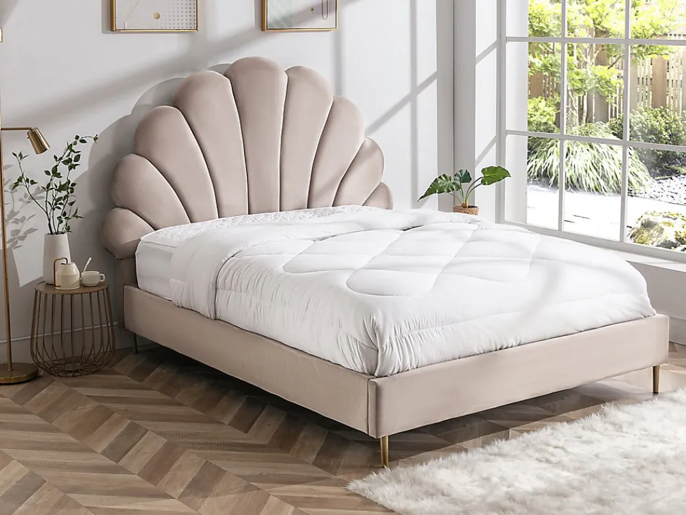 Lit coquillage 140 x 190 cm - Velours - Beige + Matelas - LIVAYA>Vente-unique Discount