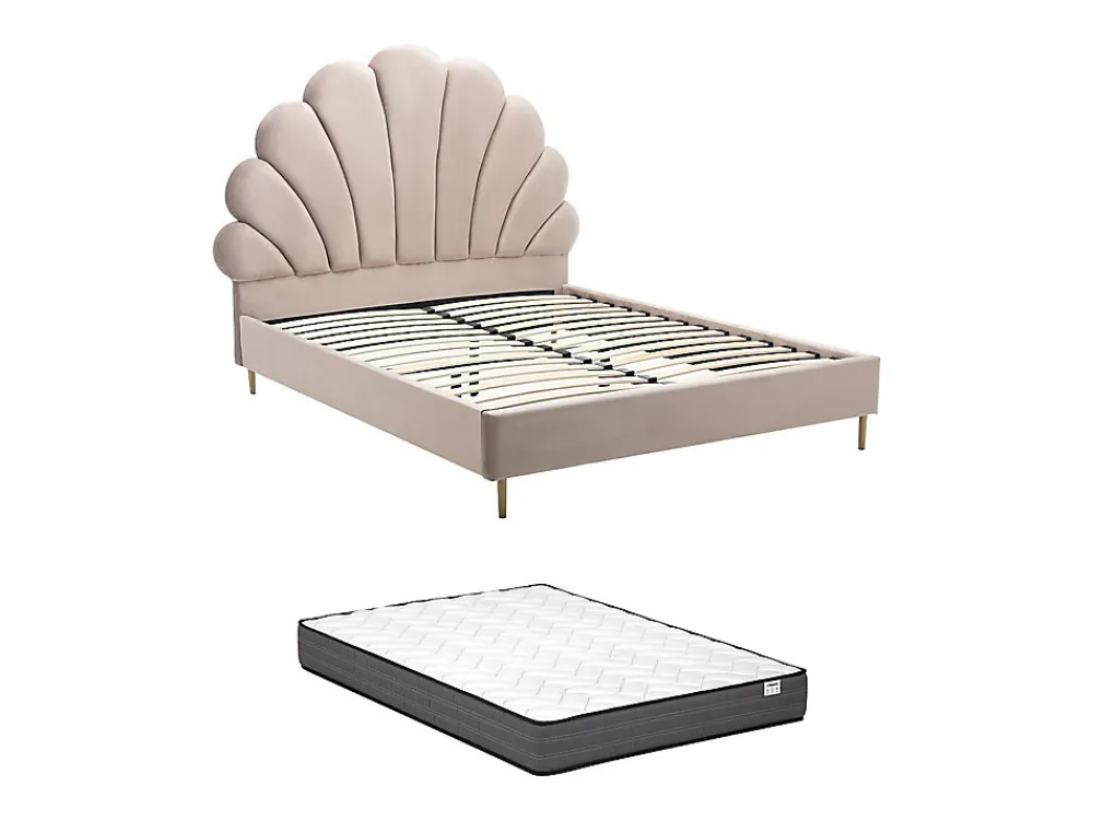 Lit coquillage 140 x 190 cm - Velours - Beige + Matelas - LIVAYA>Vente-unique Discount
