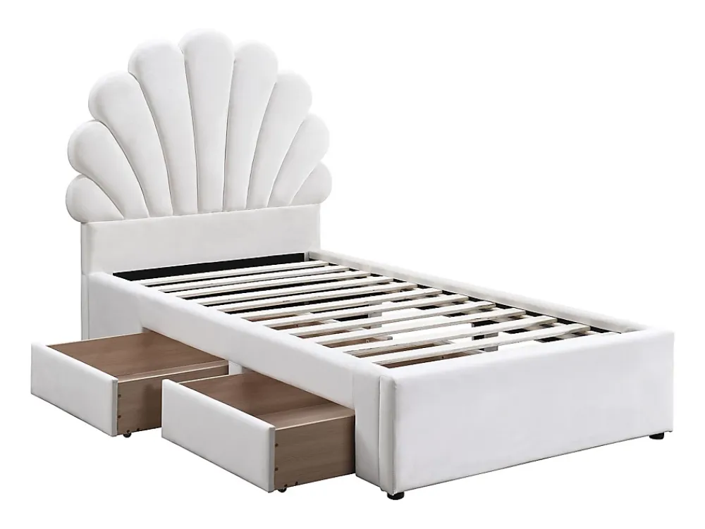 Vente-unique Lit coquillage 90 x 190 cm avec 2 tiroirs - Velours - Blanc - MOANA* Lit Avec Rangement