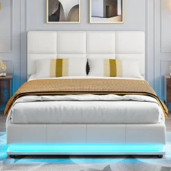 Lit d'ameublement 140x190 cm avec éclairage LED, cadre à lattes et tête de lit réglable, cuir synthétique, sans matelas, blanc>Fortuna lai Hot