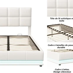 Lit d'ameublement 140x190 cm avec éclairage LED, cadre à lattes et tête de lit réglable, cuir synthétique, sans matelas, blanc><noscript><img width=
