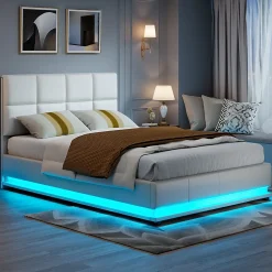 Lit d'ameublement 140x190 cm avec éclairage LED, cadre à lattes et tête de lit réglable, cuir synthétique, sans matelas, blanc><noscript><img width=
