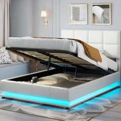 Lit d'ameublement 140x190 cm avec éclairage LED, cadre à lattes et tête de lit réglable, cuir synthétique, sans matelas, blanc><noscript><img width=