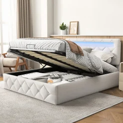 Fortuna lai Lit d'ameublement 140x200, lit double LED avec espace de stockage et cadre à latte,sans matelas,abricot* Lit Coffre