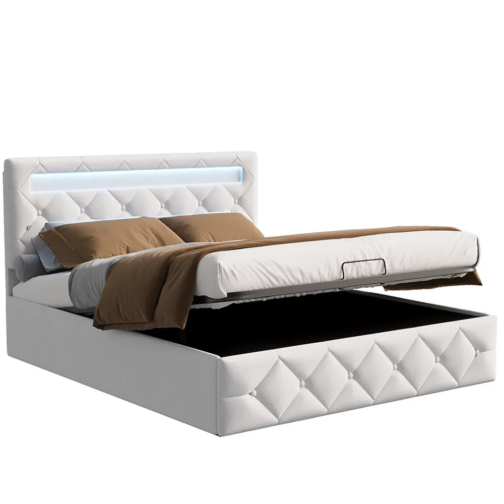 Fortuna lai Lit d'ameublement 140x200, lit double LED avec espace de stockage et cadre à latte,sans matelas,abricot* Lit Coffre