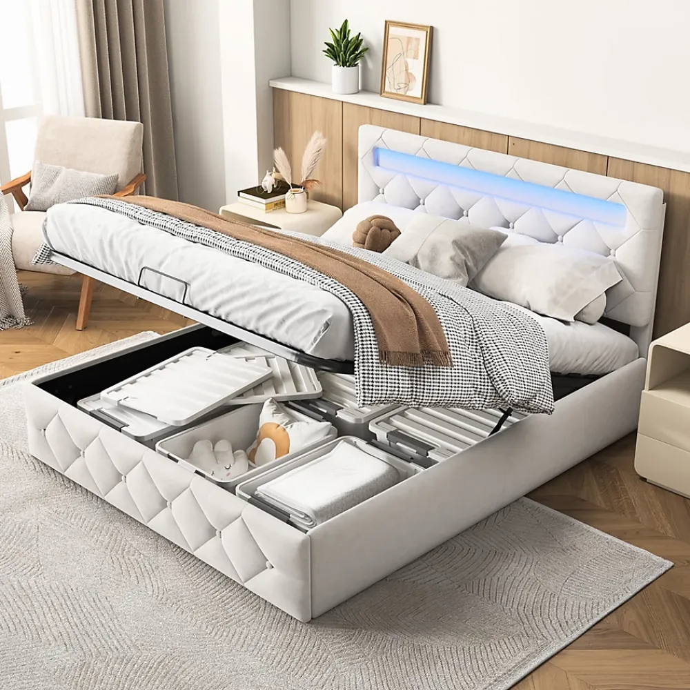 Fortuna lai Lit d'ameublement 140x200, lit double LED avec espace de stockage et cadre à latte,sans matelas,abricot* Lit Coffre