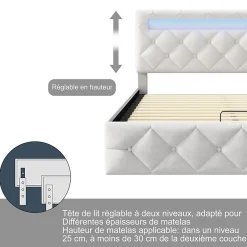 Fortuna lai Lit d'ameublement 140x200, lit double LED avec espace de stockage et cadre à latte,sans matelas,abricot* Lit Coffre