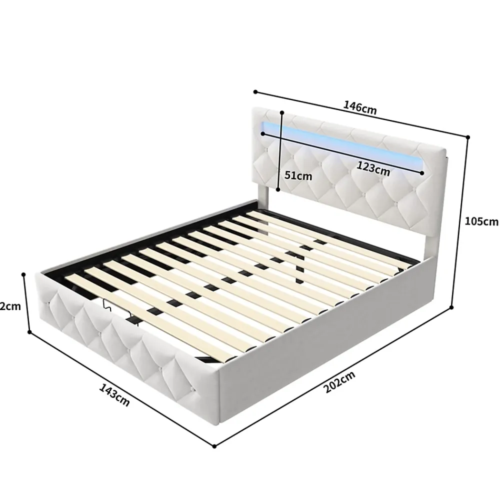 Fortuna lai Lit d'ameublement 140x200, lit double LED avec espace de stockage et cadre à latte,sans matelas,abricot* Lit Coffre