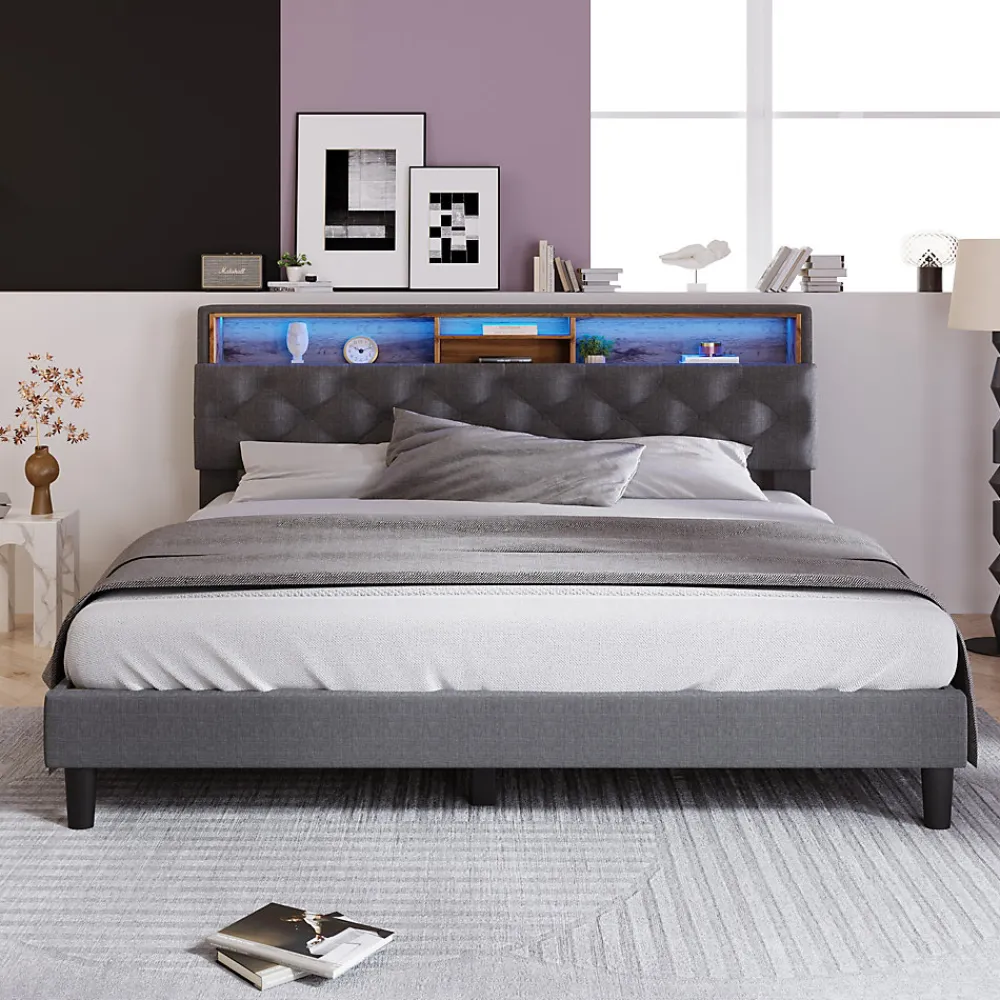 Okwish Lit Déco 140 x 200 Cm - Lit Double Capitonné avec Tête de Lit Coffre - Bois Massif et Lin - Sans Matelas - Gris* Lit Double