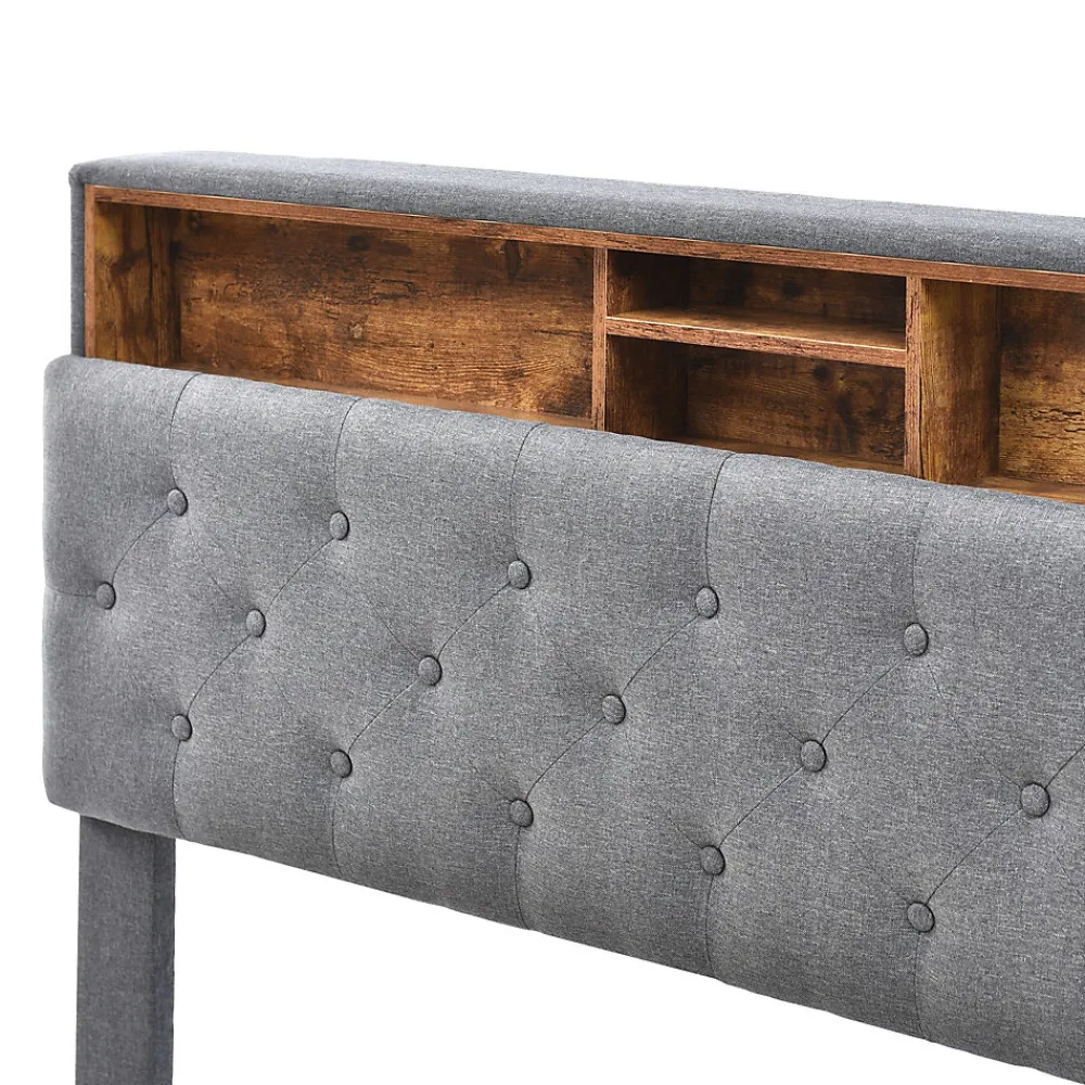 Okwish Lit Déco 140 x 200 Cm - Lit Double Capitonné avec Tête de Lit Coffre - Bois Massif et Lin - Sans Matelas - Gris* Lit Double