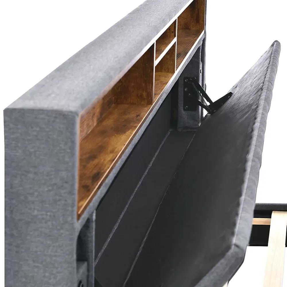Okwish Lit Déco 140 x 200 Cm - Lit Double Capitonné avec Tête de Lit Coffre - Bois Massif et Lin - Sans Matelas - Gris* Lit Double