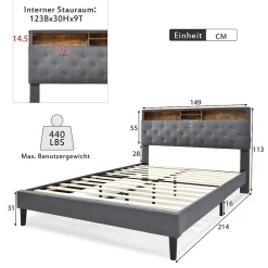 Okwish Lit Déco 140 x 200 Cm - Lit Double Capitonné avec Tête de Lit Coffre - Bois Massif et Lin - Sans Matelas - Gris* Lit Double