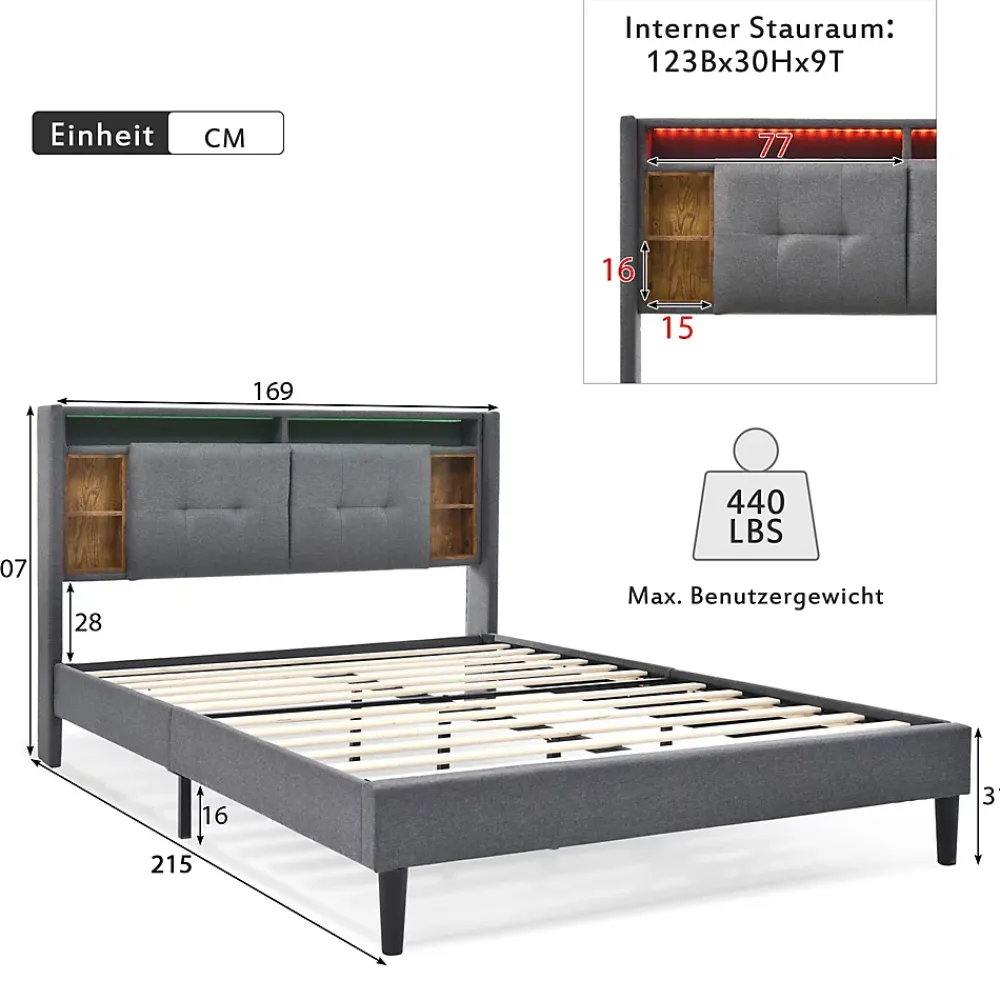 Okwish Lit Déco 160 x 200 Cm - Lit Double avec Chargement USB et LED - Bois Massif, Lin et Métal - Sans Matelas - Gris* Lit Double