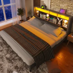 Okwish Lit Déco 160 x 200 Cm - Lit Double avec Chargement USB et LED - Bois Massif, Lin et Métal - Sans Matelas - Gris* Lit Double