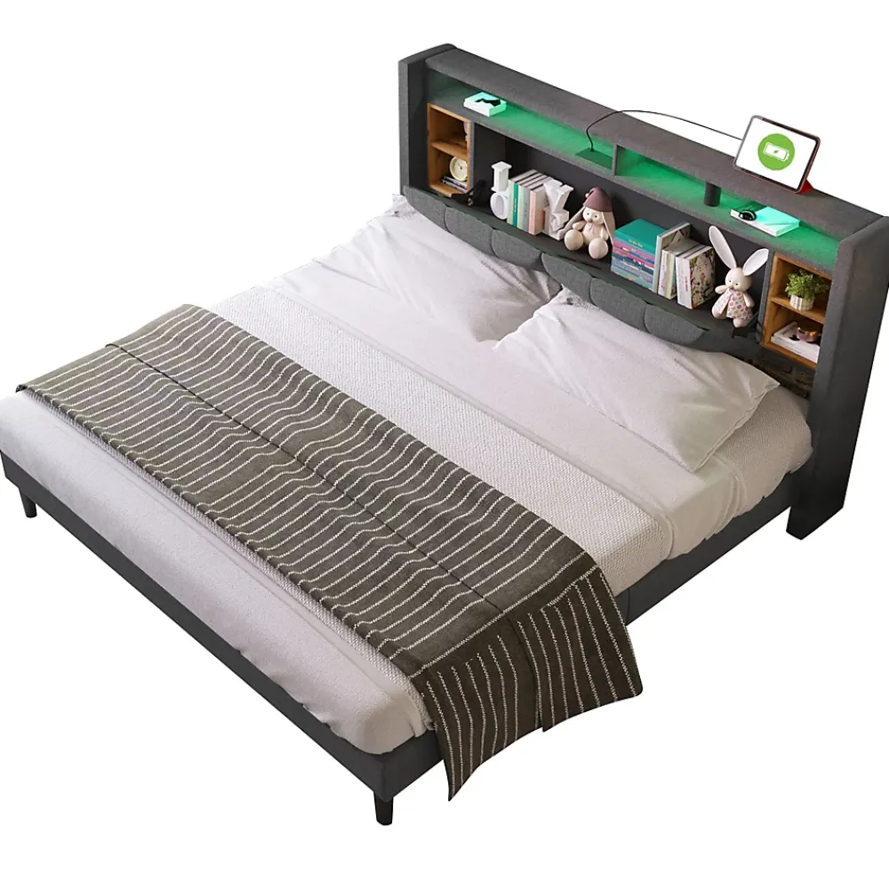 Okwish Lit Déco 160 x 200 Cm - Lit Double avec Chargement USB et LED - Bois Massif, Lin et Métal - Sans Matelas - Gris* Lit Double