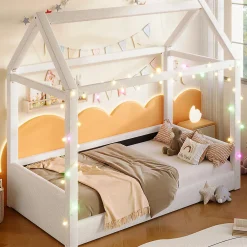 Lit de jour rembourré 90x200 cm, éclairage LED - beige><noscript><img width=