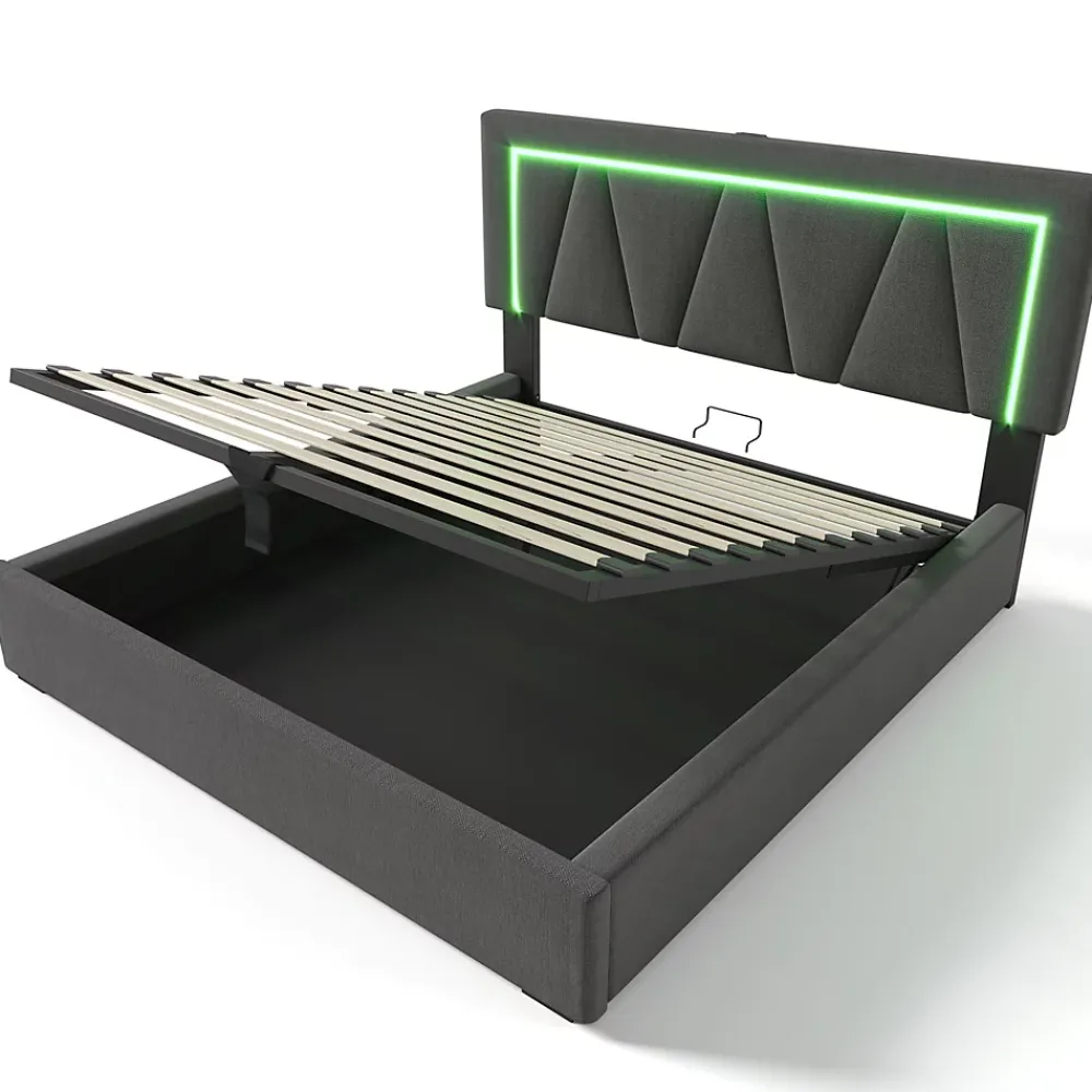 Gutent lit de rangement 160x200 cm lit rembourré lit eclairage led avec fonction de chargement usb type c lit double lin gris* Lit Avec Rangement