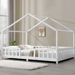 Lit d'Enfant Forme Maison avec Grille de Protection Treviolo 200 x 120 cm Blanc Mat Laqué en.casa>[En.Casa] Online