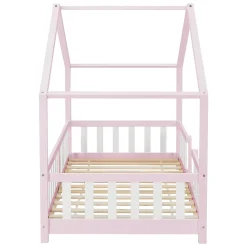 [En.Casa] Lit d'Enfant Forme Maison avec Grille de Protection Treviolo 200 x 90 cm Rose Blanc Mat Laqué en.casa*Enfant Lit Enfant