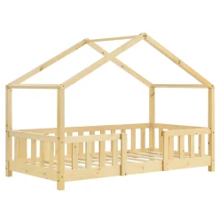 [En.Casa] Lit d'Enfant Forme Maison avec Grille de Protection Treviolo 160 x 80 cm Bois Naturel en.casa*Enfant Lit Enfant
