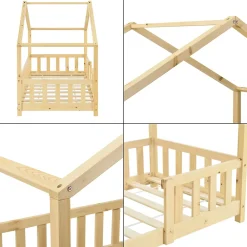 [En.Casa] Lit d'Enfant Forme Maison avec Grille de Protection Treviolo 160 x 80 cm Bois Naturel en.casa*Enfant Lit Enfant