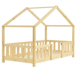 [En.Casa] Lit d'Enfant Forme Maison avec Grille de Protection Treviolo 160 x 80 cm Bois Naturel en.casa*Enfant Lit Enfant
