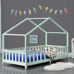 Lit d'Enfant Forme Maison avec Grille de Protection Treviolo 200 x 90 cm Menthe Blanc Mat Laqué en.casa>[En.Casa]