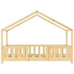 [En.Casa] Lit d'Enfant Forme Maison avec Grille de Protection Treviolo 140 x 70 cm Bois Naturel en.casa*Enfant Lit Enfant