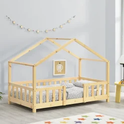[En.Casa] Lit d'Enfant Forme Maison avec Grille de Protection Treviolo 140 x 70 cm Bois Naturel en.casa*Enfant Lit Enfant