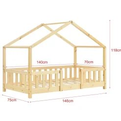 [En.Casa] Lit d'Enfant Forme Maison avec Grille de Protection Treviolo 140 x 70 cm Bois Naturel en.casa*Enfant Lit Enfant