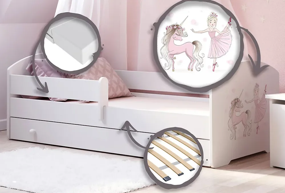 Kobi Lit d'enfant LUK avec tiroir et tringle 140x70 Fille avec licorne* Lit Avec Rangement