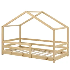 Lit d'Enfant Maison avec Barreaux de Sécurité Knätten Pin 90 x 200 cm Bois Naturel en.casa>[En.Casa] Online