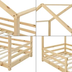 [En.Casa] Lit d'Enfant Maison avec Barreaux de Sécurité Knätten Pin 70 x 140 cm Bois Naturel en.casa*Enfant Lit Enfant