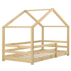 [En.Casa] Lit d'Enfant Maison avec Barreaux de Sécurité Knätten Pin 70 x 140 cm Bois Naturel en.casa*Enfant Lit Enfant